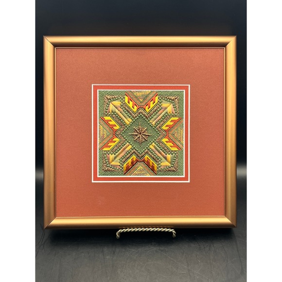 Framed Needlepoint Art Geometric Textile Southwestern Needlepoint 9.5 x9.5" - Picture 1 of 4